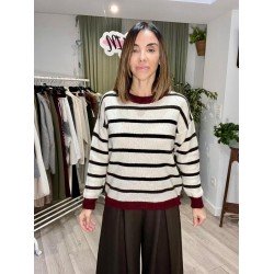 Jersey blanco roto con rayas negras y ribete granate en cuello,puños y parte baja cintura.