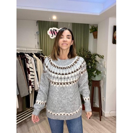 Jersey de lana gris con estampado en colores blanco y marrón