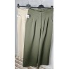 Pantalones anchos con bolsillos de color beige y verde, colgados en perchas.