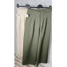 Pantalones anchos con bolsillos de color beige y verde, colgados en perchas.